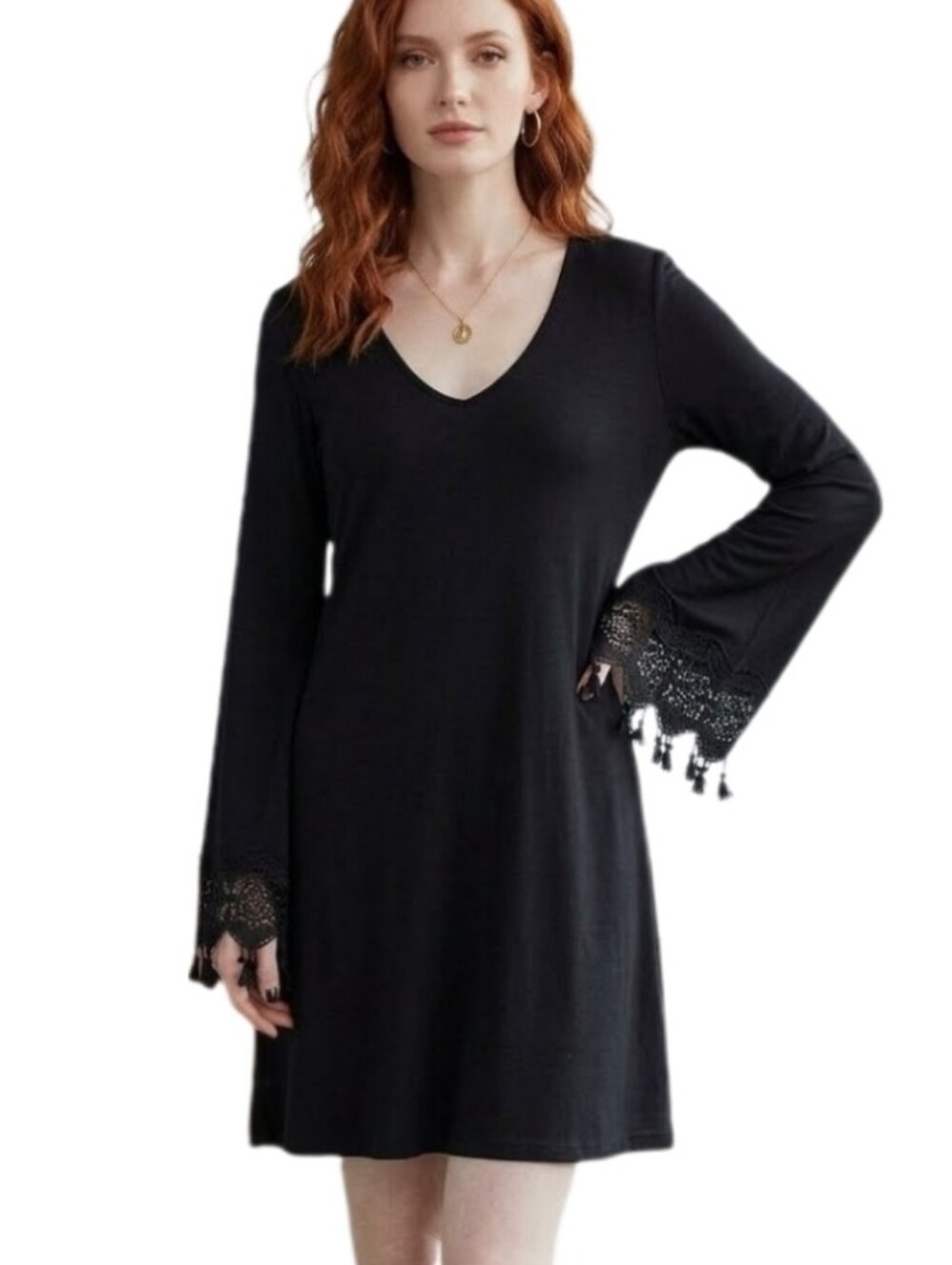 Union Of Angels Dress V-Neck Bell Sleeve Crochet Fringe Black Size M